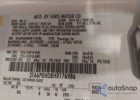 2017 Ford Fusion Se z USA, uszkodzony, nr VIN 3FA6P0HD8HR176986
